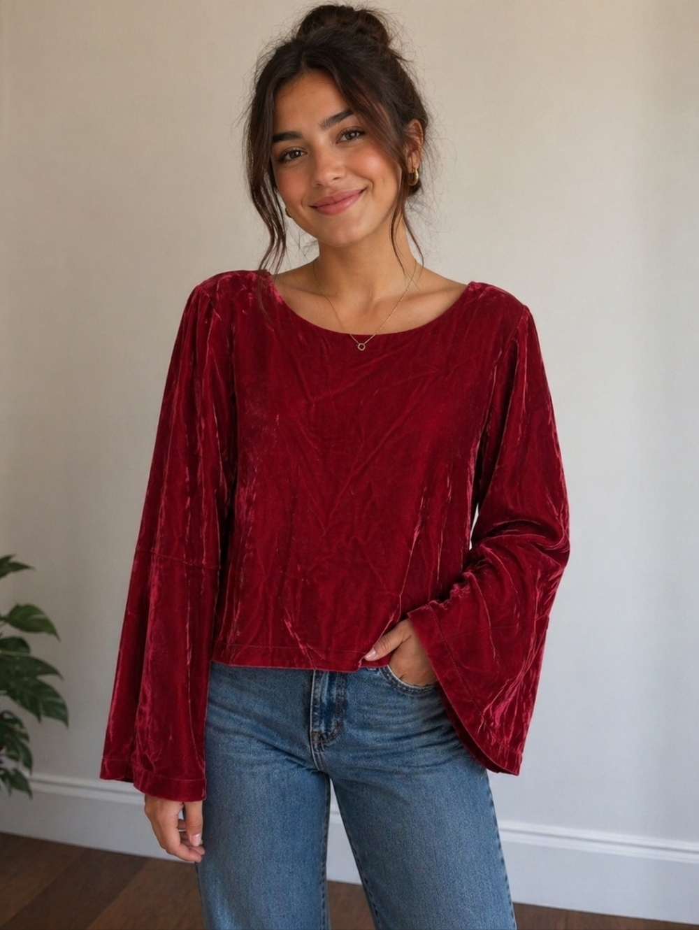 Beltaine Women's Bell Sleeve Red Velvet Blouse NWT